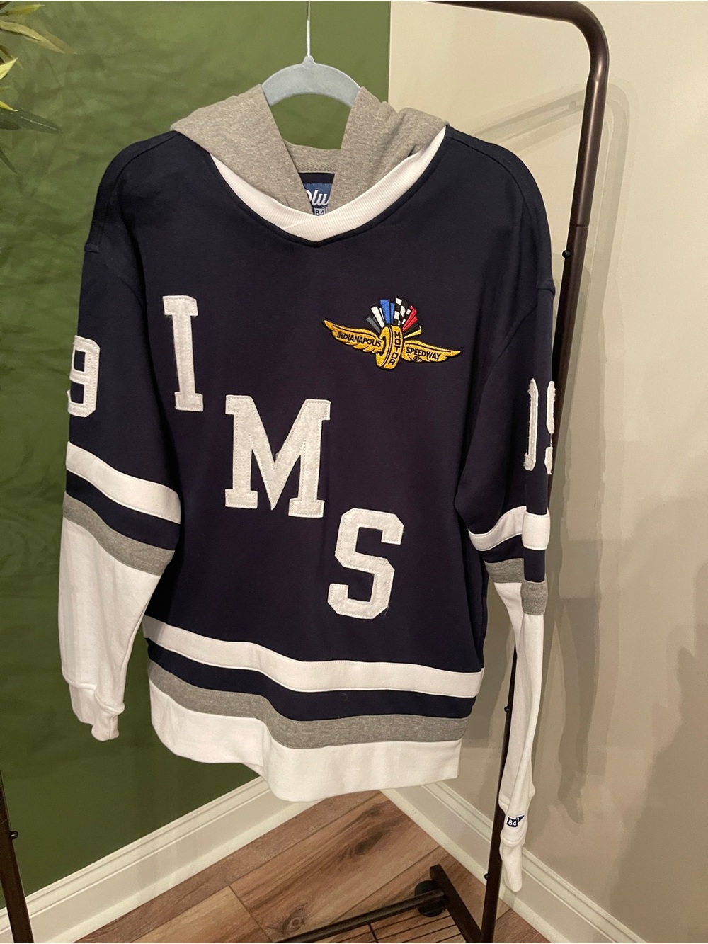 Blue 84 Navy, White and Gray V‑Neck Hooded Pullover with IMS Crest